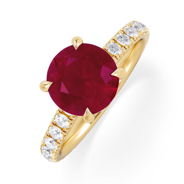 Amora Gem 2.00ct Round Cut Lab Ruby Hidden Halo Engagement Ring with Side Stones in 18K Yellow Gold